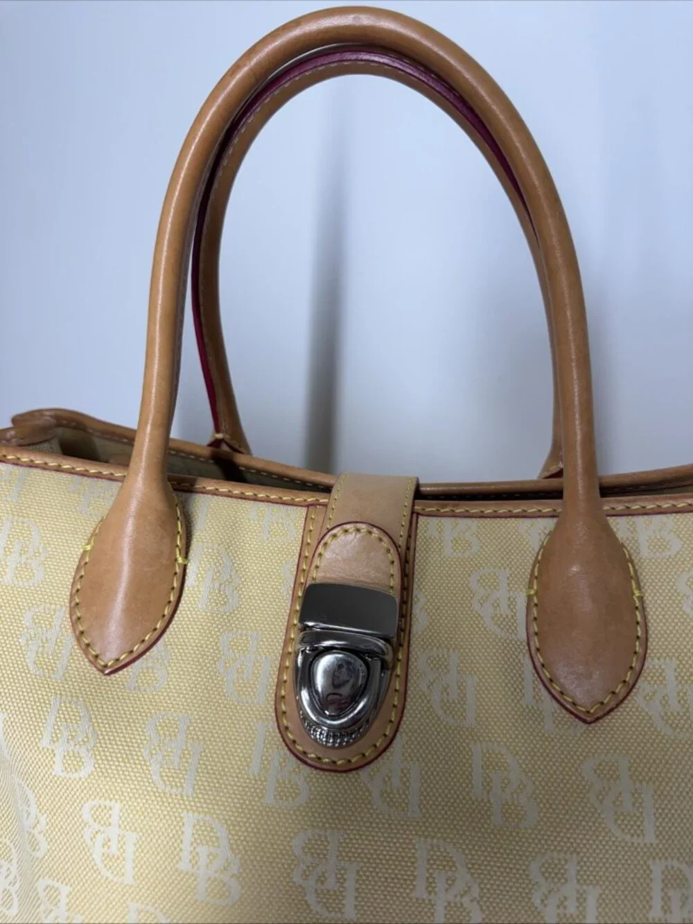 Dooney & Bourke Yellow/Cream DB Small Double Handle Tote Very Nice Leather Purse